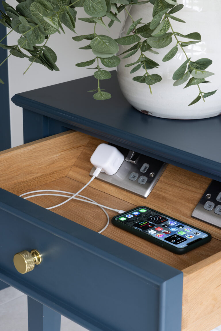 Open blue cabinetry drawer with brass knob reveals a built-in socket charging a phone, a plant on top