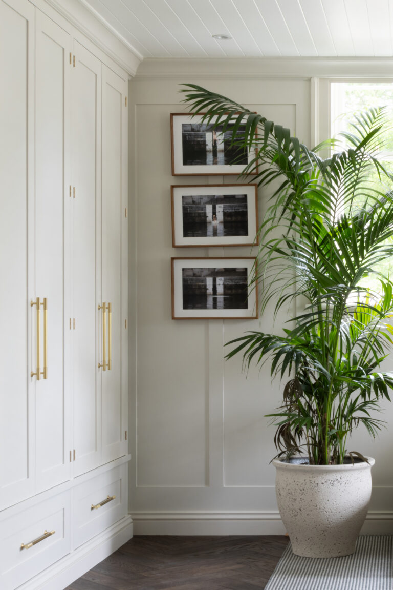 Fitted boot room cupboards with brass handles beside panelled wall with framed prints and a large potted palm