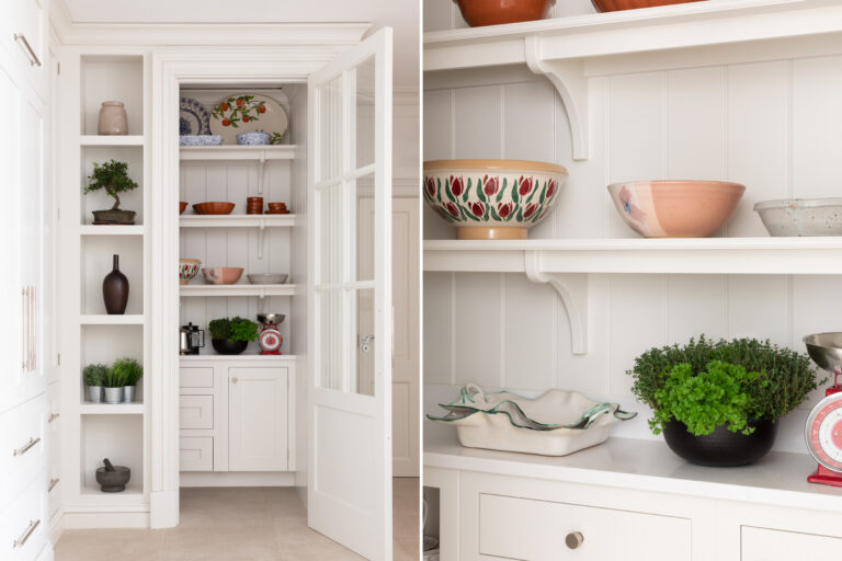 Walk-in pantry entrance with glazed door, tongue-and-groove panelling, curved corbel shelves and patterned bowls on display