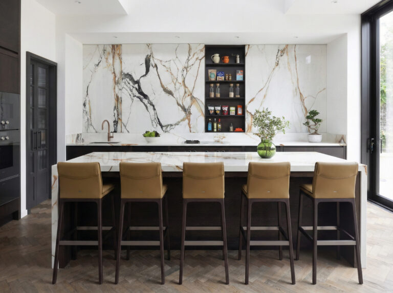 Open-plan kitchen island with tan leather stools facing a striking veined stone wall and open shelving
