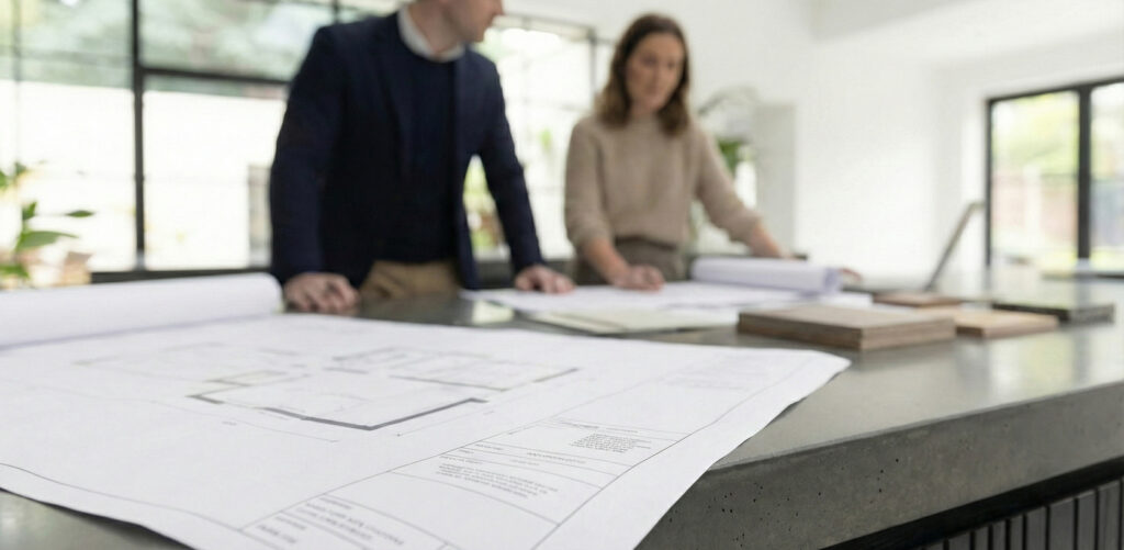 Kitchen plans spread across a worktop, with timber samples and two people reviewing the design together