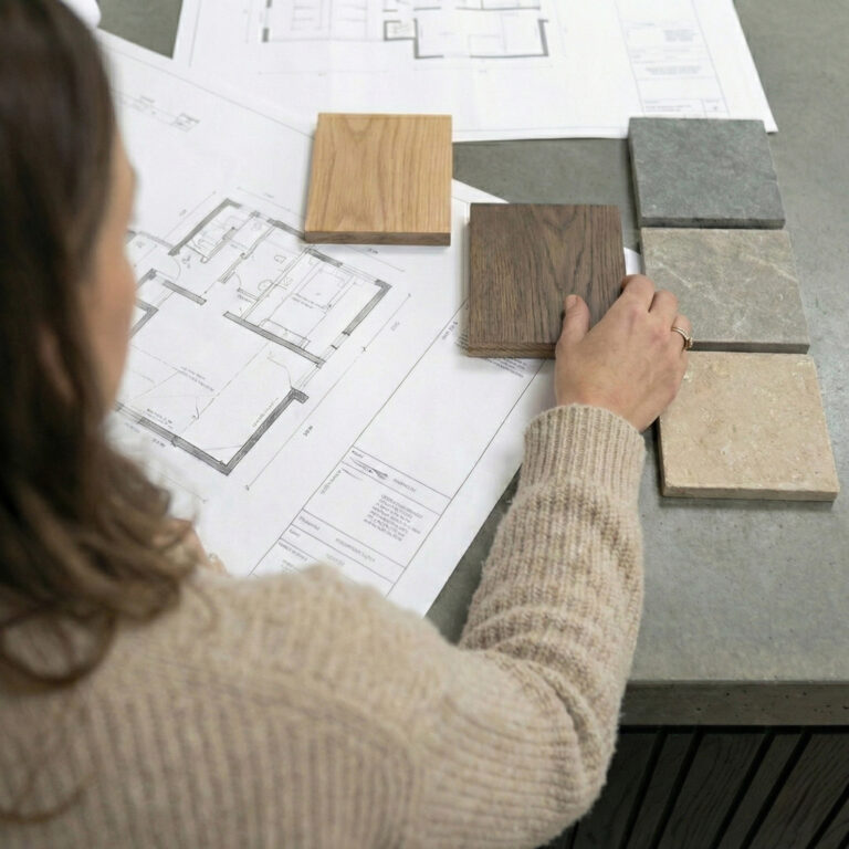 A person studies floor plans alongside timber and stone sample blocks laid out on a worktop