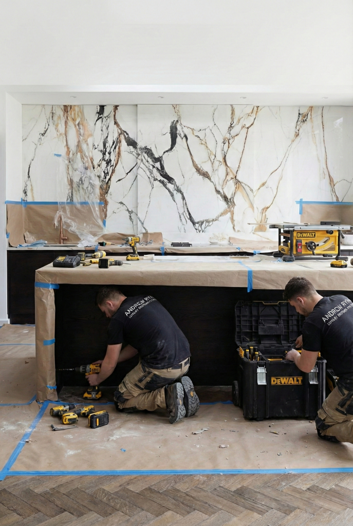 Fitters installing a kitchen island beneath a veined stone splashback, with tools and protective coverings on the floor