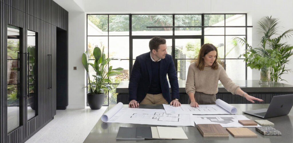 Two people review floor plans and material samples at a kitchen island with slatted cabinetry and crittall-style windows behind