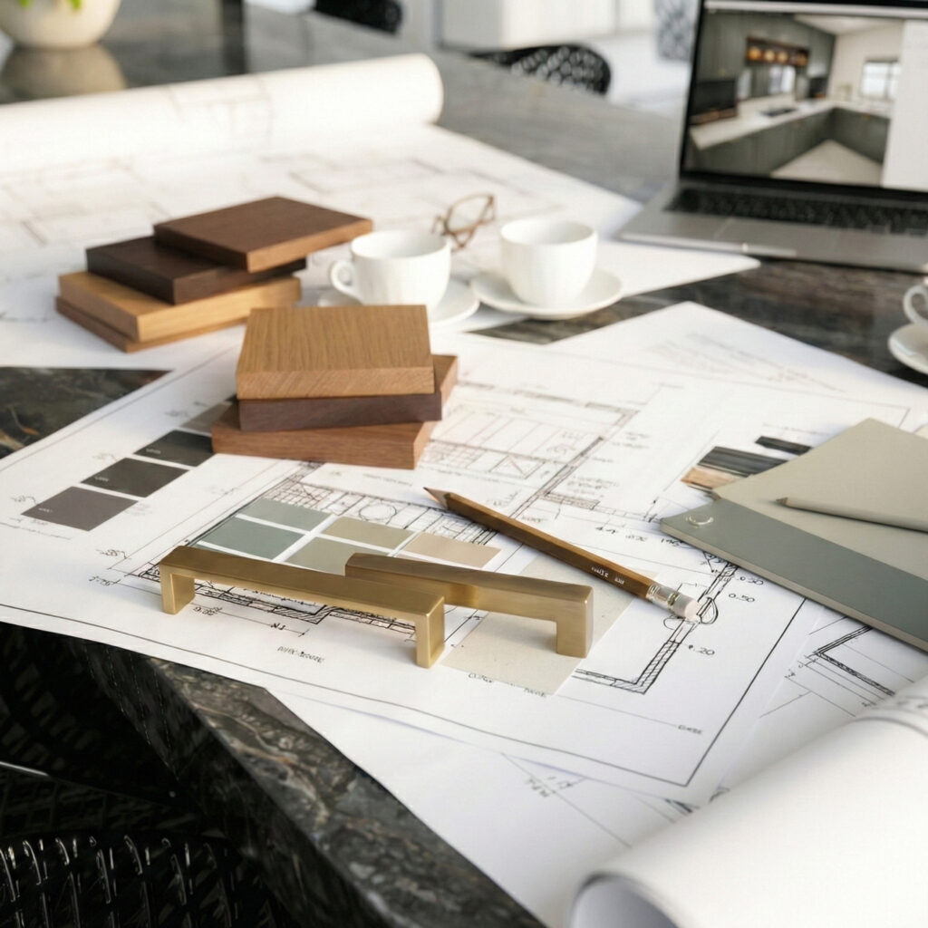 Kitchen plans spread on a table with timber samples, paint swatches, brass handles and a laptop showing a finished design