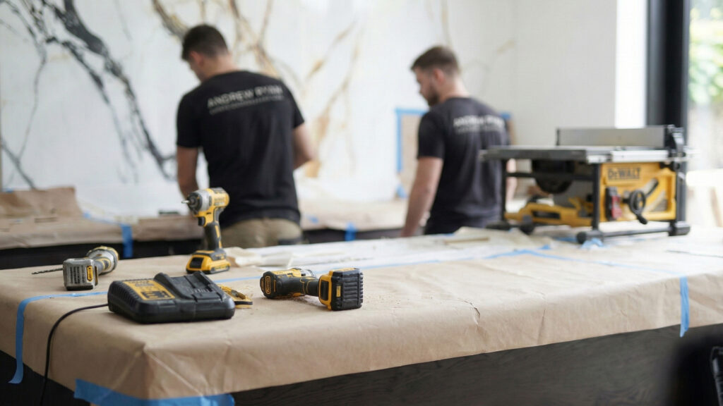 Protected worktop with power tools laid out while two joiners fit a kitchen against a veined stone splashback