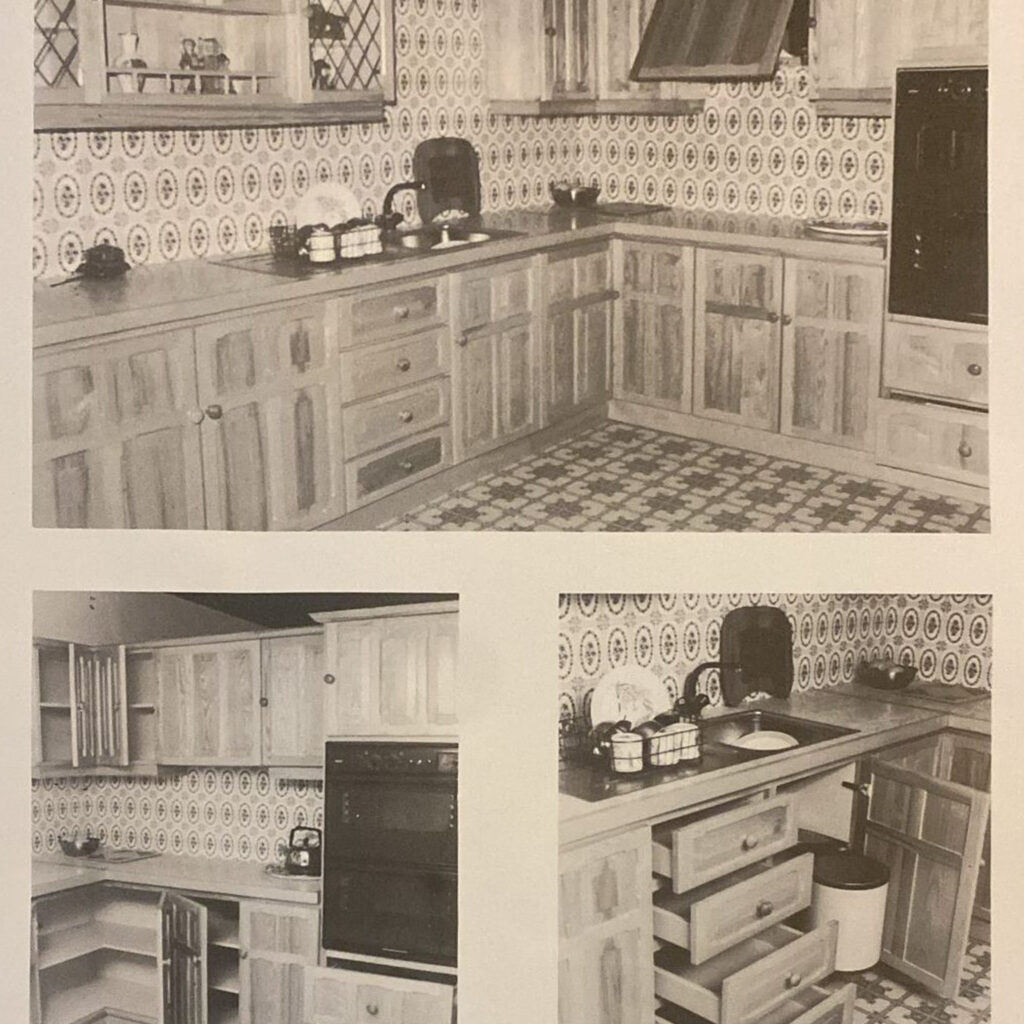 Fitted kitchen with panelled timber cabinets, patterned wall tiles, built-in oven and patterned floor tiling throughout
