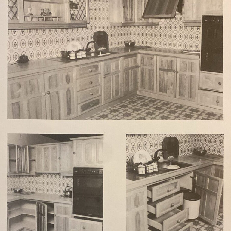 Fitted kitchen with panelled timber cabinets, patterned wall tiles, built-in oven and patterned floor tiling throughout