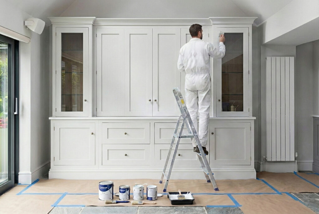 A painter on a stepladder finishing a large built-in white cabinet with glazed doors, drawers and cupboards