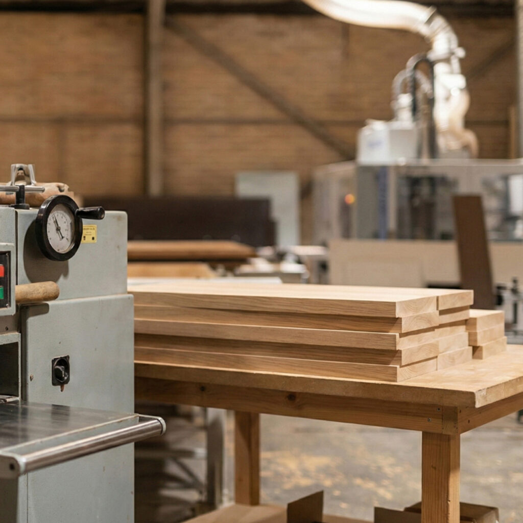 Workshop bench stacked with timber boards beside a gauge-fitted machine in the joinery