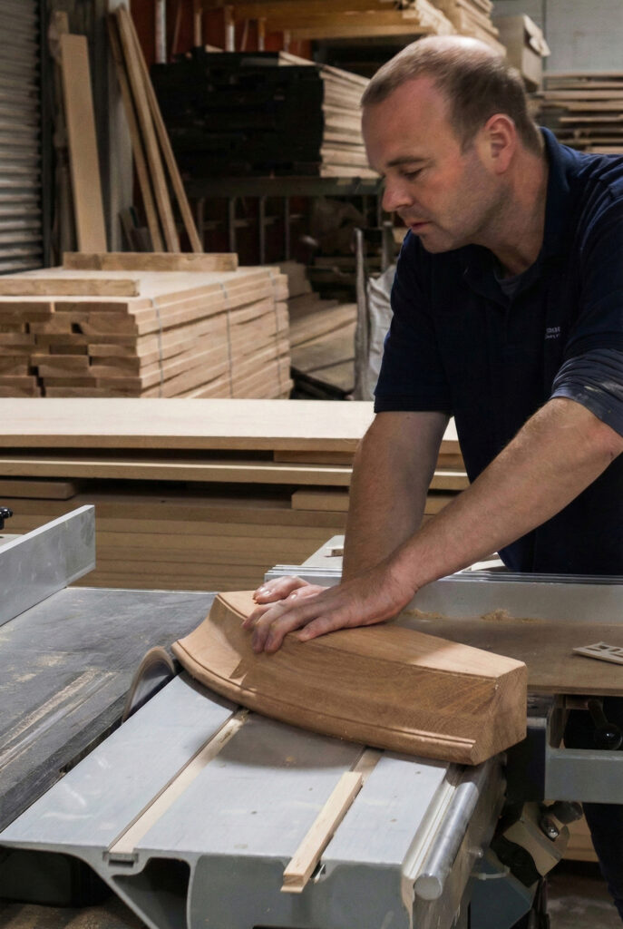 A craftsman guides a curved moulded timber piece through a bench saw in a workshop stacked with sawn boards