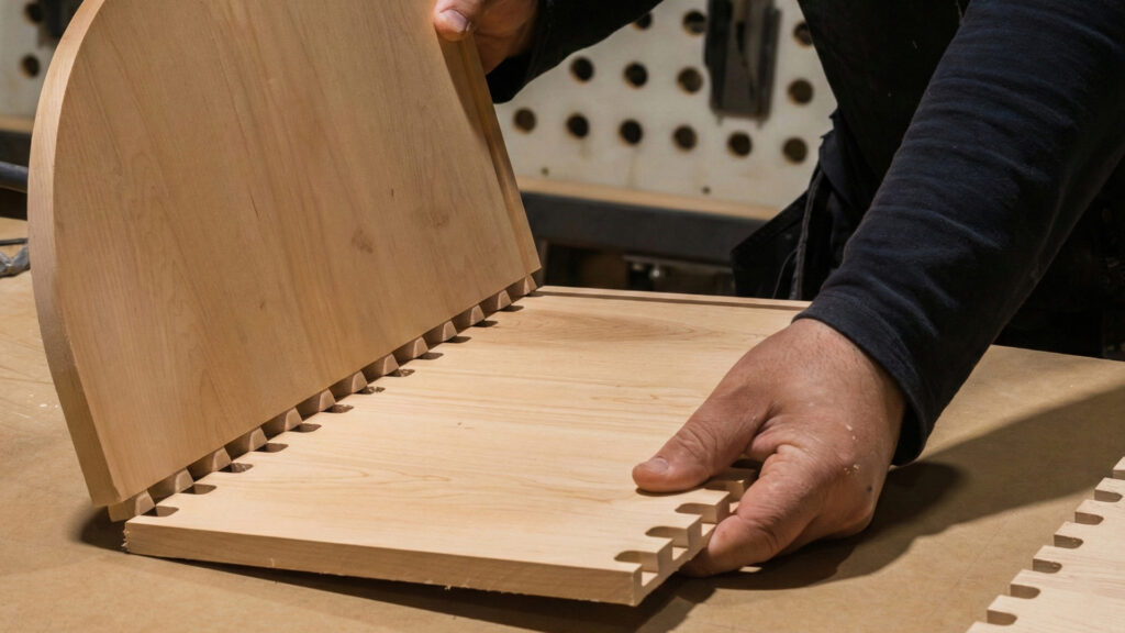 A craftsman assembling a dovetail joint on a timber drawer panel at a workshop bench