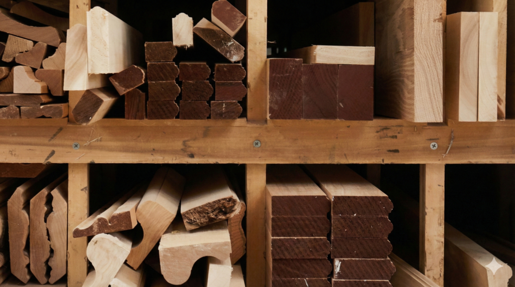 Workshop shelving stacked with various offcuts and shaped timber mouldings awaiting use in joinery work