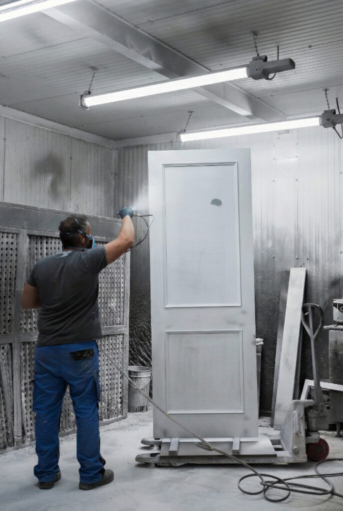 A worker spray paints a panelled door white in a dedicated spray booth within the joinery workshop