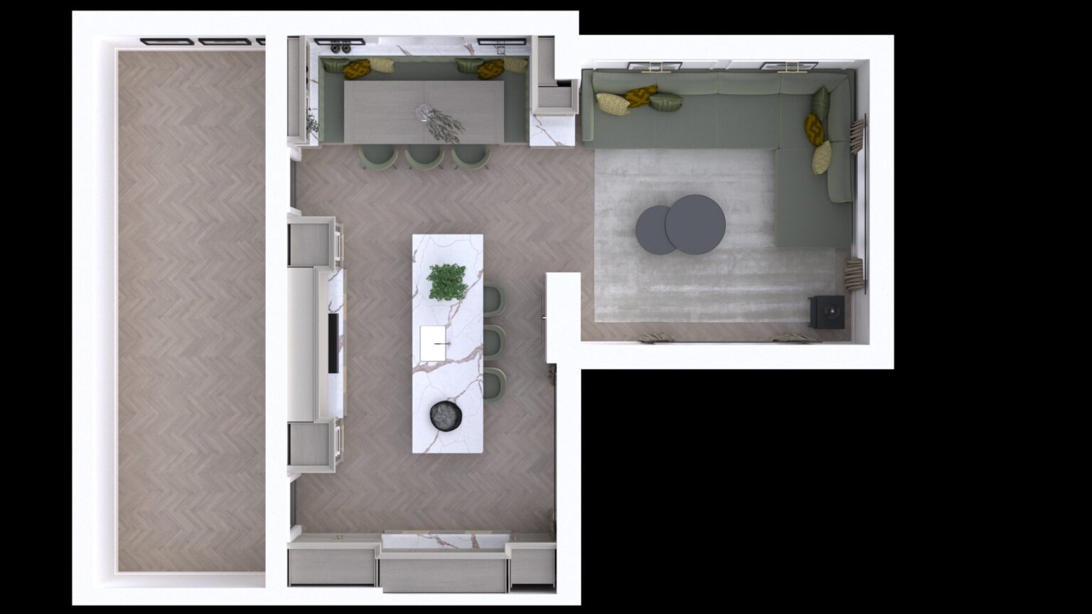 Overhead render of an open-plan kitchen and lounge with a stone island, wrap-around bench seating and herringbone flooring