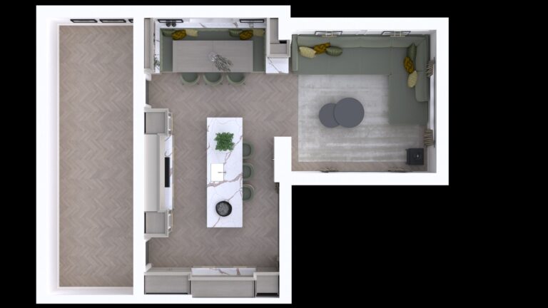 Overhead render of an open-plan kitchen and lounge with a stone island, wrap-around bench seating and herringbone flooring
