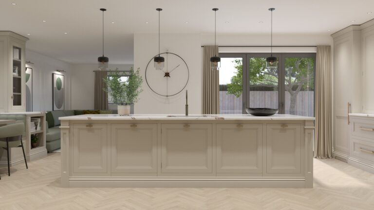 Open-plan kitchen with large central island, Calacatta Volcano worktop, pendant lights and herringbone wood flooring