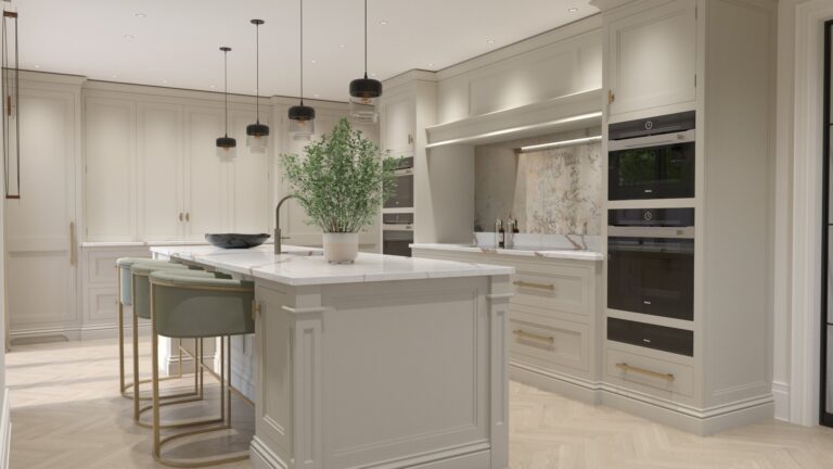Kitchen island with Calacatta Volcano worktop, pendant lighting, green bar stools and built-in wall ovens