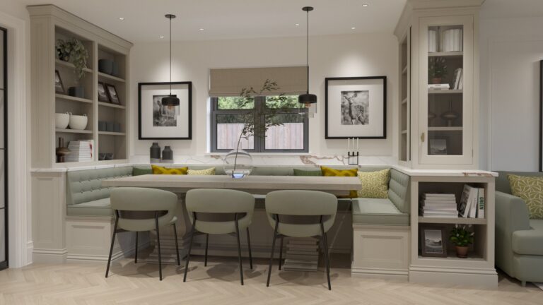 Built-in bench seating with sage cushions, a wooden table, pendant lights and shelving either side