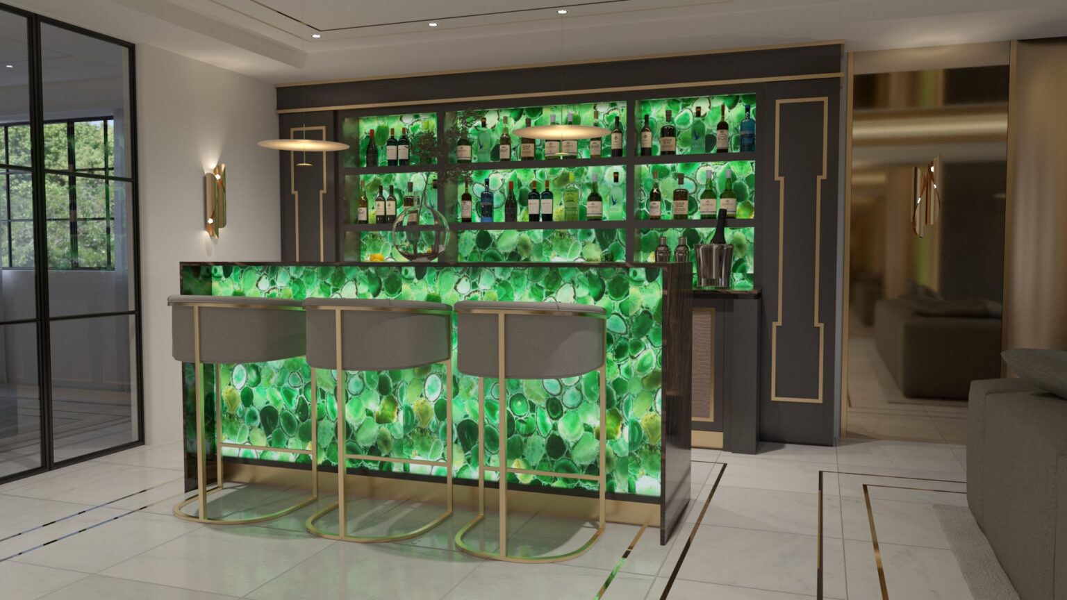 CGI render of the penthouse bar with a backlit green agate front and shelving, chocolate cabinetry and gold detailing