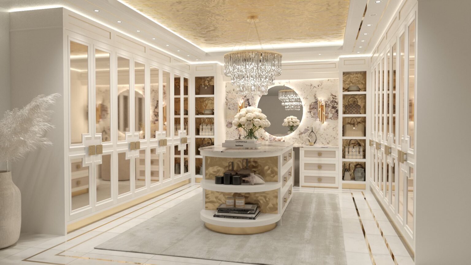 CGI render of the dressing room with a curved stone-topped island, mirrored wardrobes and a crystal chandelier
