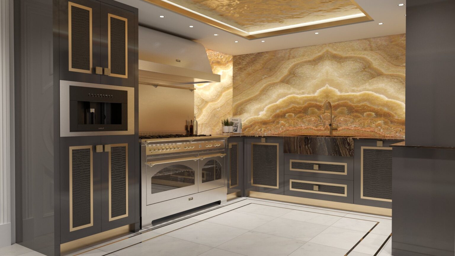 CGI render of the penthouse kitchen design, with a backlit onyx wall behind the range and chocolate lacquer cabinetry with gold trim