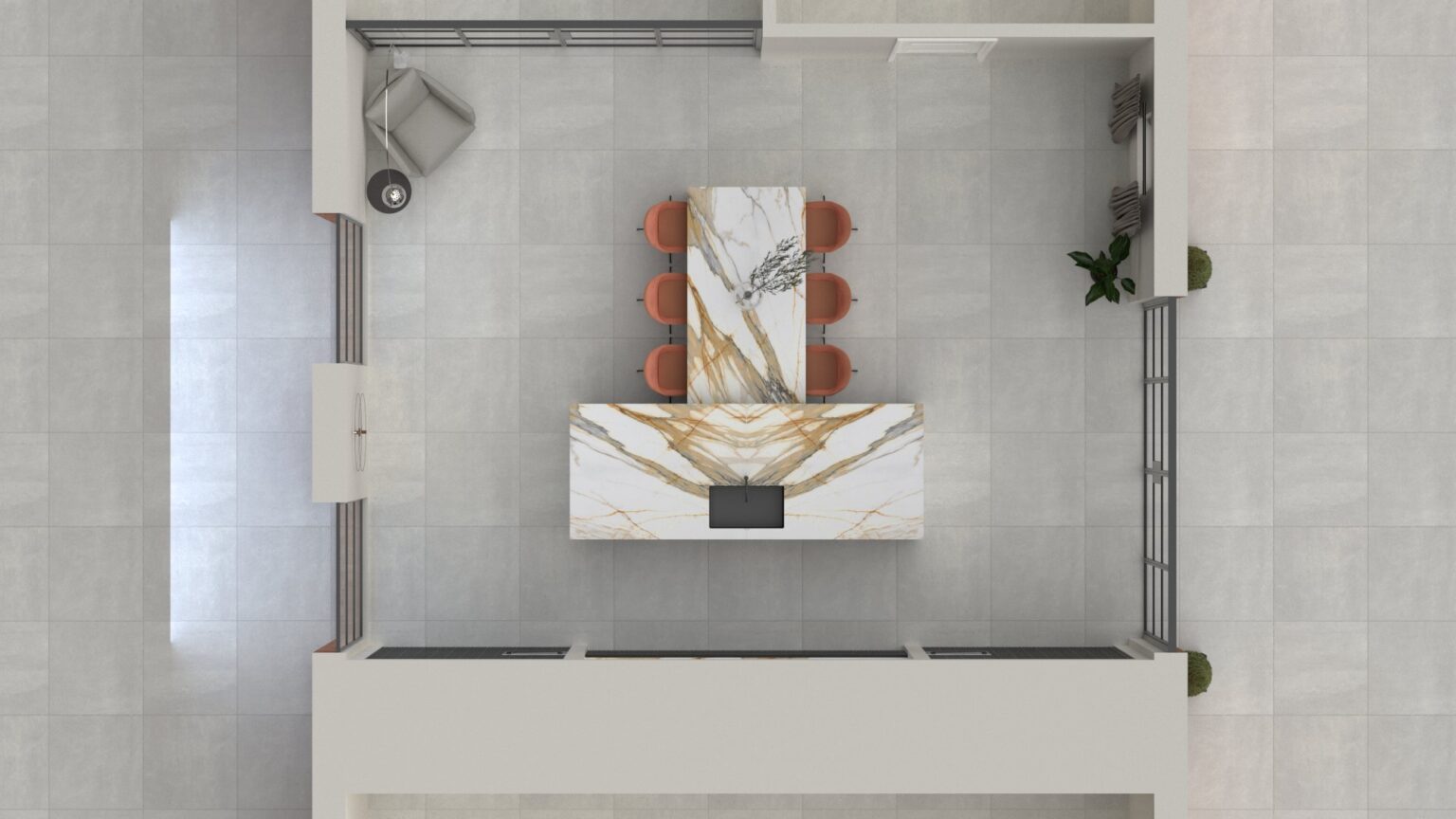 Overhead view of an island unit with Calacatta Mediceo worktop and matching dining table with terracotta chairs