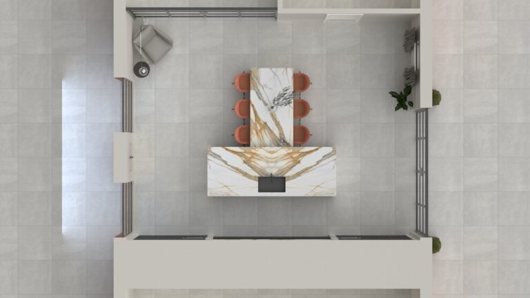 Overhead view of an island unit with Calacatta Mediceo worktop and matching dining table with terracotta chairs