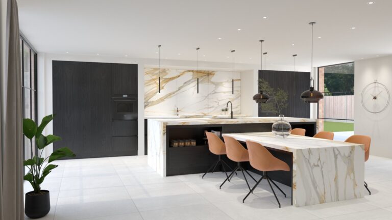 Open-plan kitchen with a large veined stone island, dark cabinetry, pendant lights and tan chairs beside a dining table
