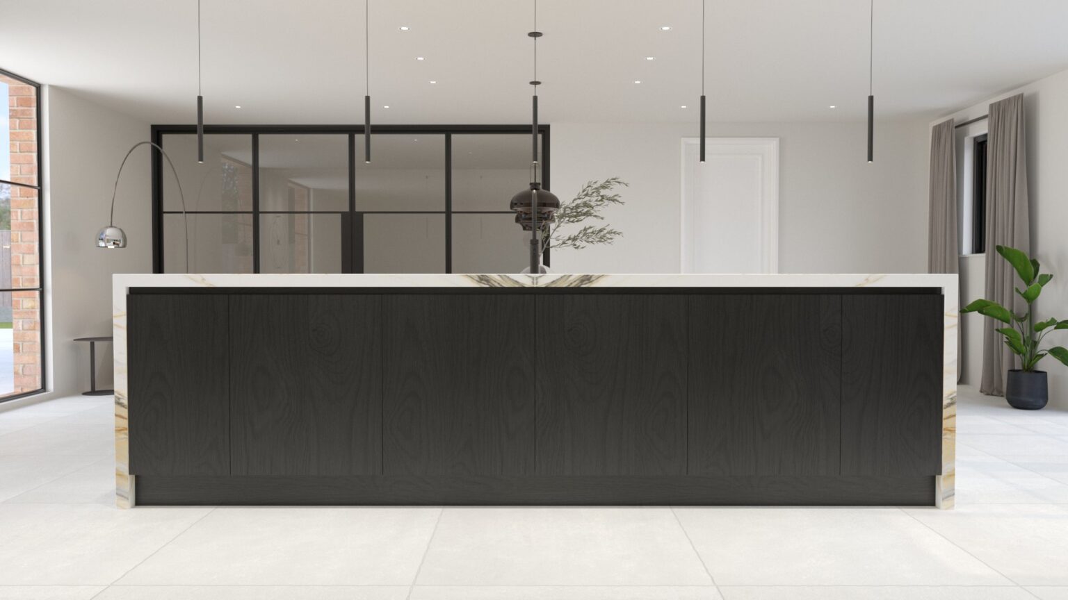 A large black timber kitchen island with a Calacatta Mediceo worktop sits beneath slim pendant lights in an open-plan room