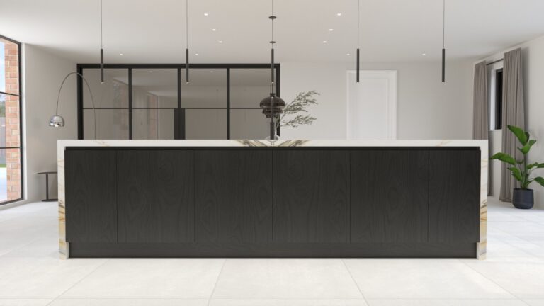 A large black timber kitchen island with a Calacatta Mediceo worktop sits beneath slim pendant lights in an open-plan room
