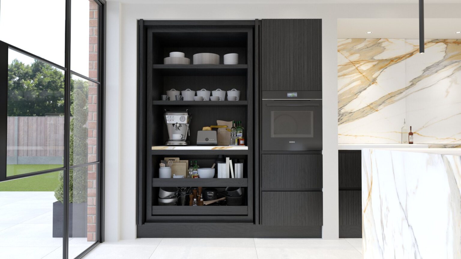 Black timber pantry cabinet with open shelving, crockery and a coffee machine, beside a built-in oven and Calacatta Mediceo worktop