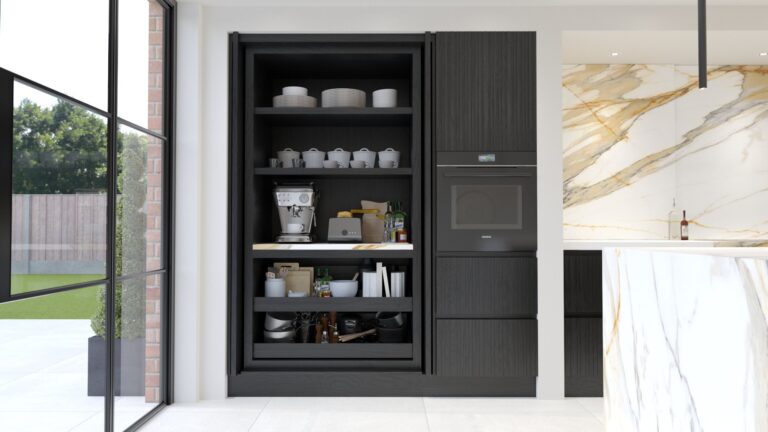 Black timber pantry cabinet with open shelving, crockery and a coffee machine, beside a built-in oven and Calacatta Mediceo worktop