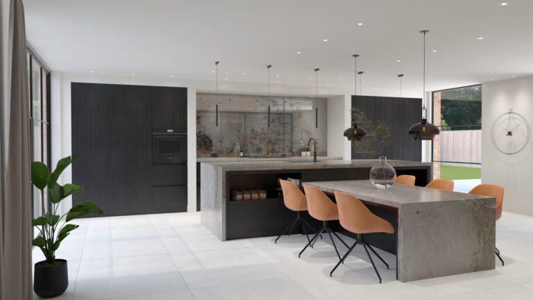 Open-plan kitchen with black timber cabinetry, a long stone island with waterfall ends, and orange chairs beneath pendant lights