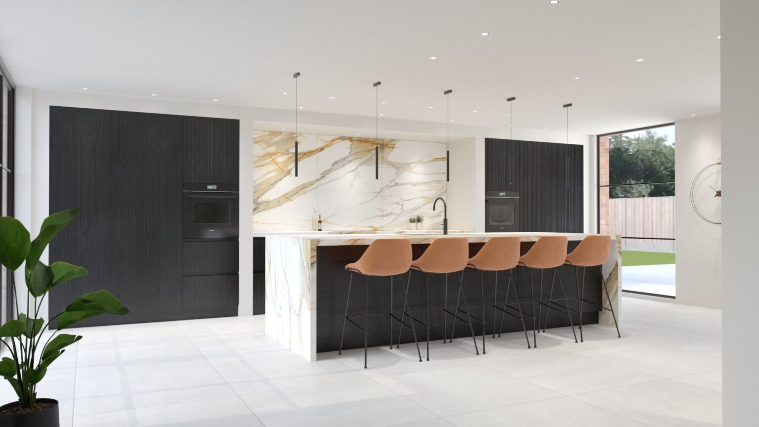 Open-plan kitchen with black timber cabinetry, a Calacatta Mediceo island and splashback, and orange bar stools