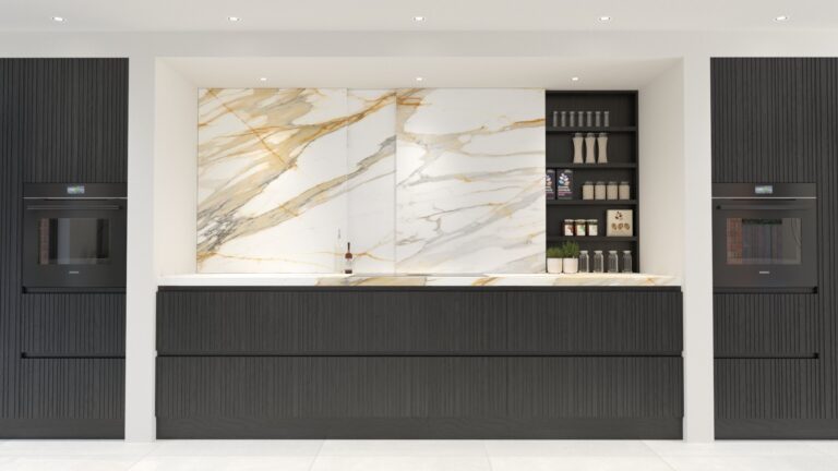 Black timber cabinetry with a sliding Calacatta Mediceo stone splashback, open shelving and integrated Siemens ovens either side