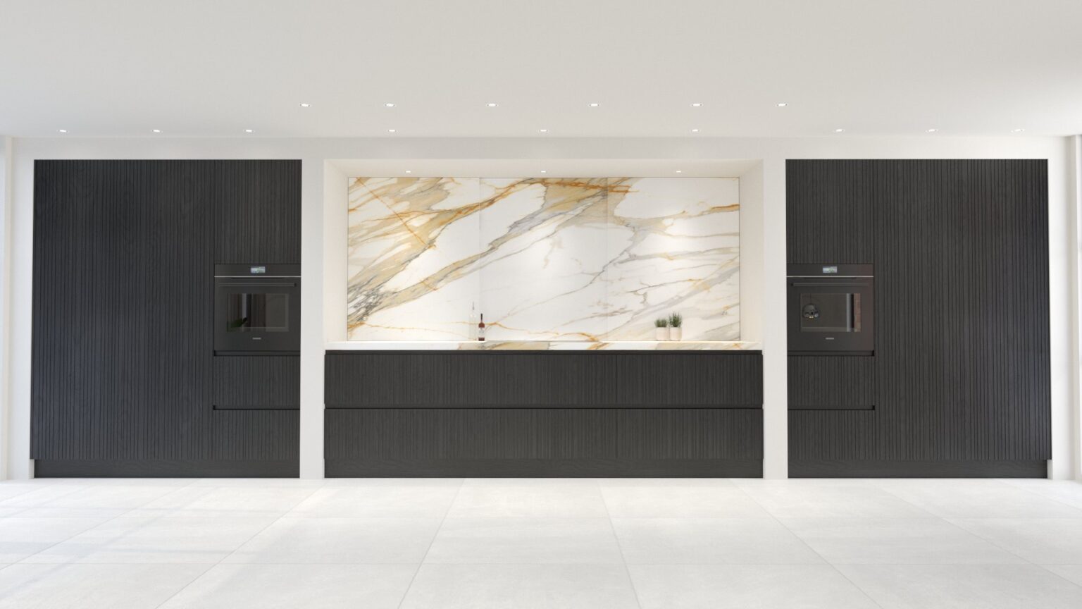 Render of the cooking run with black Siemens ovens and the sliding Calacatta stone splashback closed