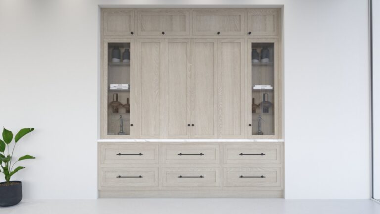 Light oak dresser with glazed display cabinets, central cupboard doors and a run of drawers below