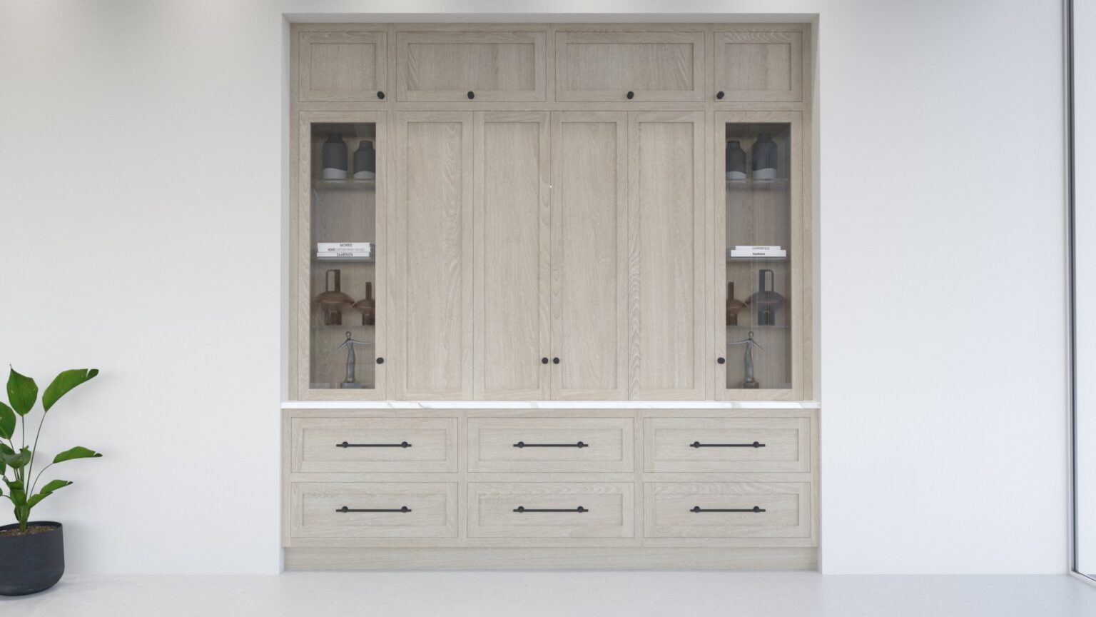 Render of the built-in bar closed behind light oak bi-fold doors, flanked by glazed display cabinets