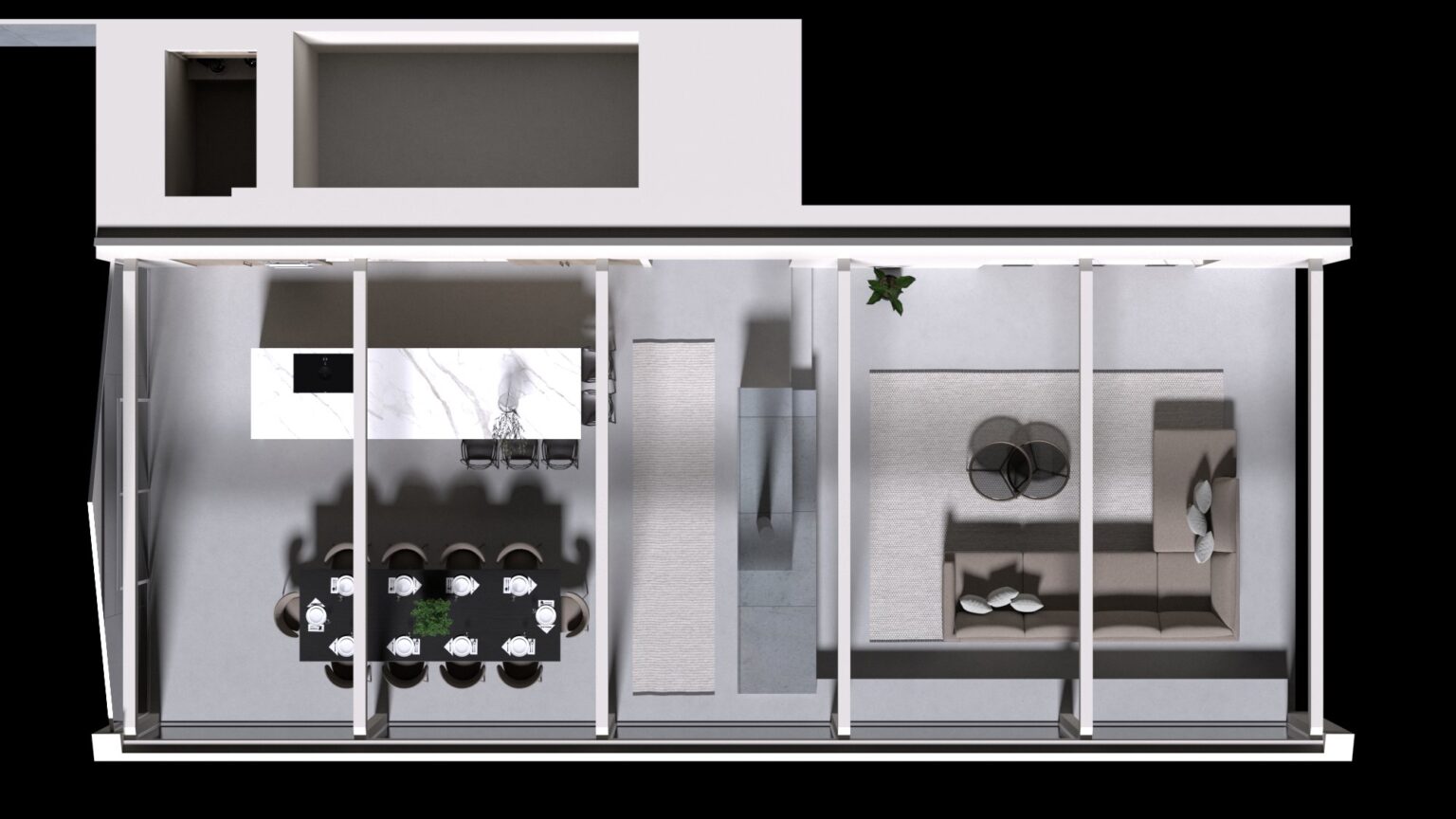 Overhead render showing an open-plan kitchen, dining table with eight settings, and a living area with sofas