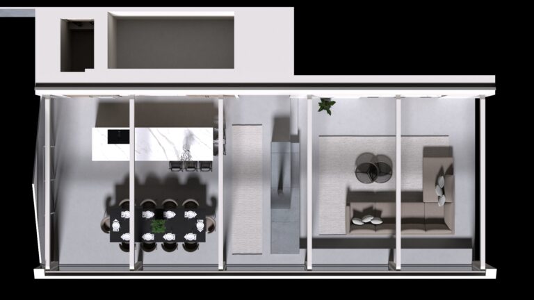 Overhead render showing an open-plan kitchen, dining table with eight settings, and a living area with sofas
