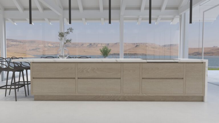 Large kitchen island with timber cabinetry and pale worktop, set before floor-to-ceiling glazing overlooking the water