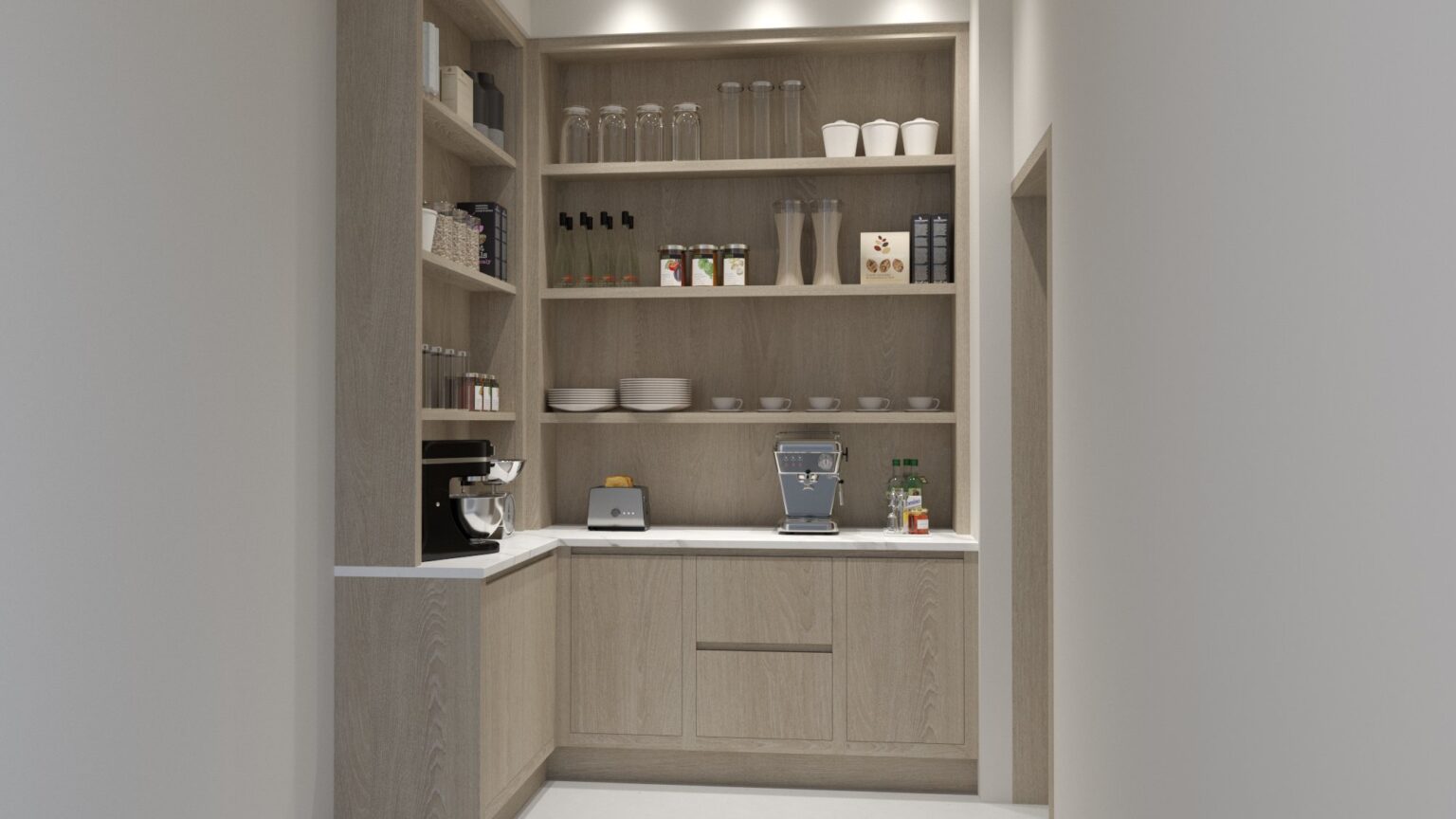 Pantry nook with light oak open shelving, worktop, toaster and coffee machine arranged beneath stored crockery and glassware