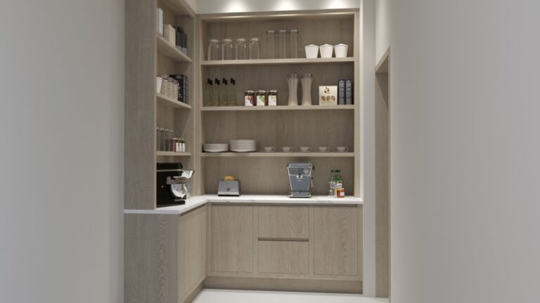 Pantry nook with light oak open shelving, worktop, toaster and coffee machine arranged beneath stored crockery and glassware