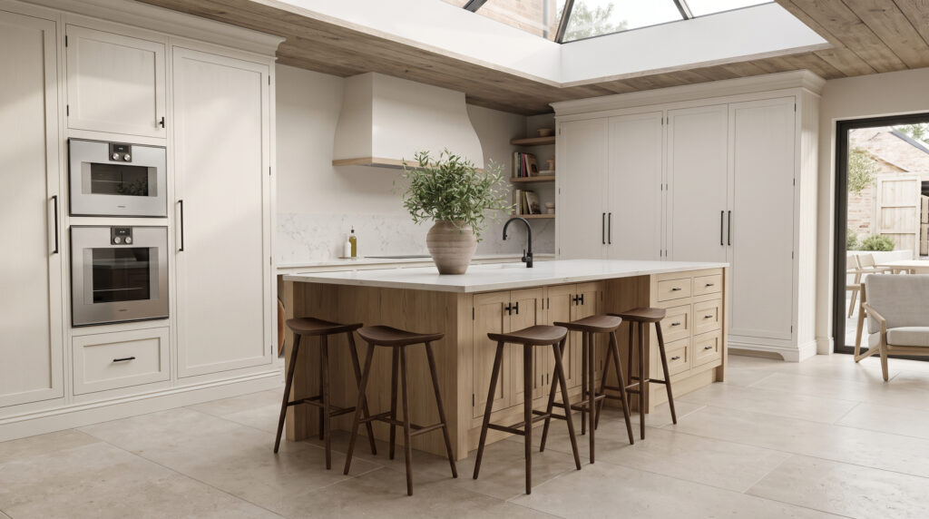 Open-plan kitchen with a large timber island, white worktop, bar stools, built-in ovens and a roof lantern above