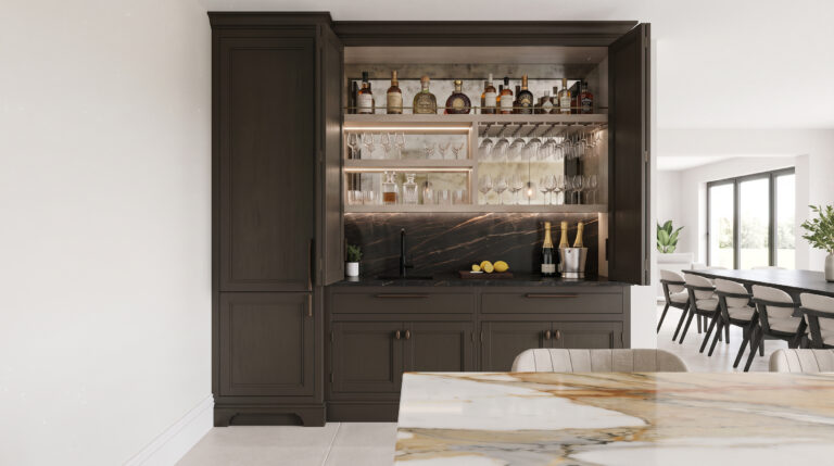 A built-in drinks cabinet with open doors reveals shelves of bottles, glassware and a small sink with dark stone splashback