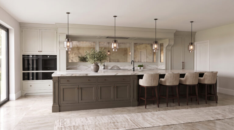 Kitchen with a large island, stone worktop, pendant lights and upholstered bar stools for seating