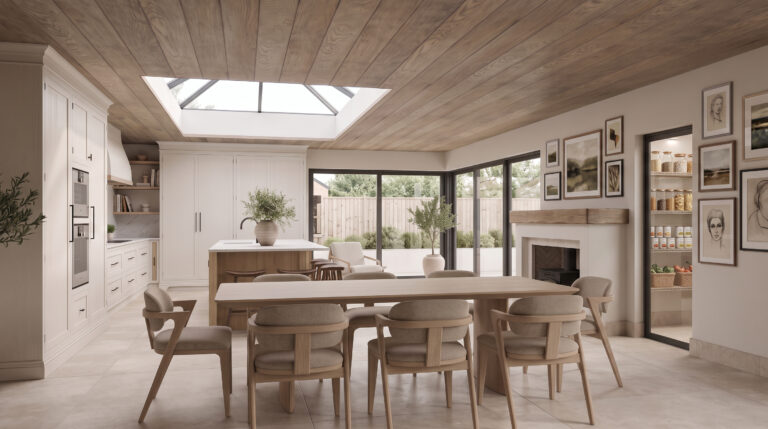 Open-plan kitchen and dining area with a wooden ceiling, roof lantern, island unit, dining table, chairs and a fireplace
