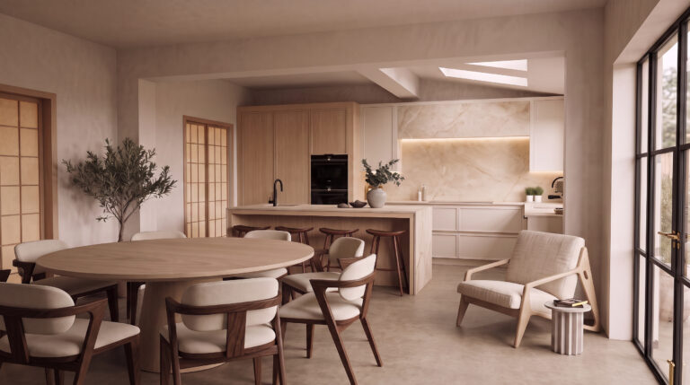Open-plan kitchen with a round timber dining table, upholstered chairs, an island unit and a seating area by sliding doors