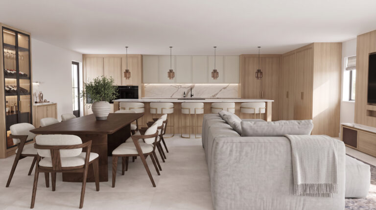 Open-plan kitchen with a dining table, bar stools at the island, a grey sofa and a built-in wine display cabinet